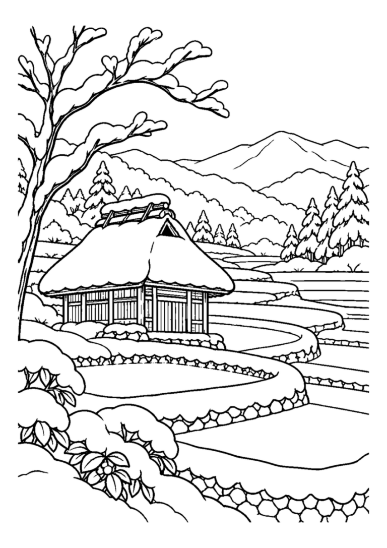 雪の棚田小屋。主役の植物、動物、建物または地形を大きく描き、初冬の空気を感じる静かな風景。白黒の高齢者向け塗り絵