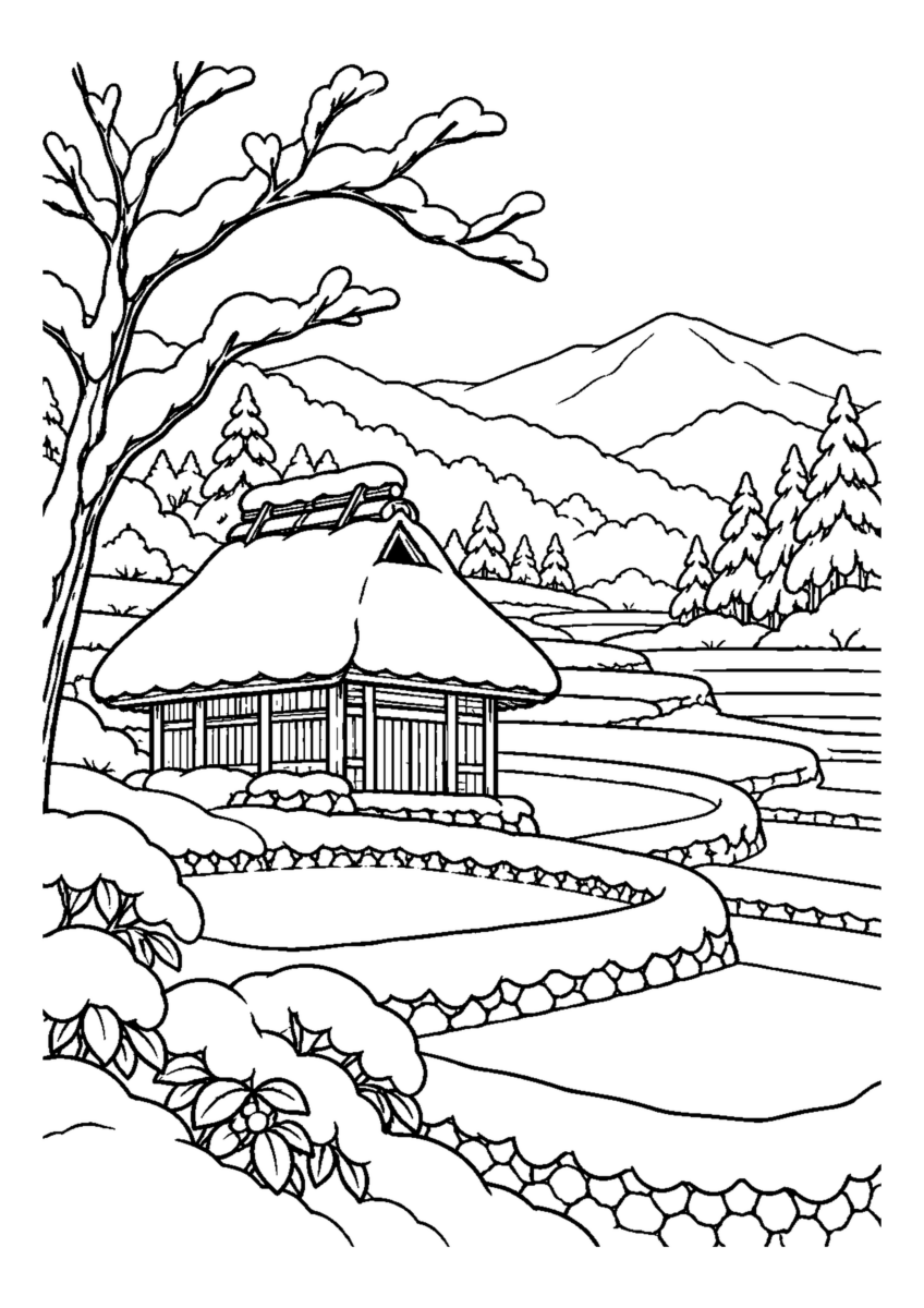 雪の棚田小屋。主役の植物、動物、建物または地形を大きく描き、初冬の空気を感じる静かな風景。白黒の高齢者向け塗り絵