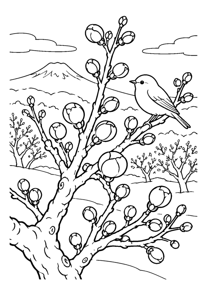 冬の梅林のつぼみ。主役の植物、動物、建物または地形を大きく描き、初冬の空気を感じる静かな風景。白黒の高齢者向け塗り絵