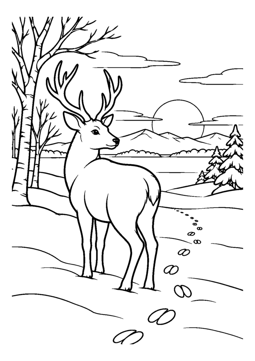 【１２月】夕暮れの雪原足跡の塗り絵
