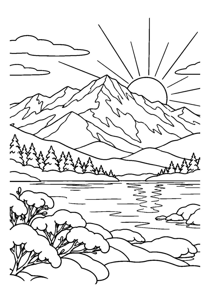 【１２月】朝焼けの雪山の塗り絵