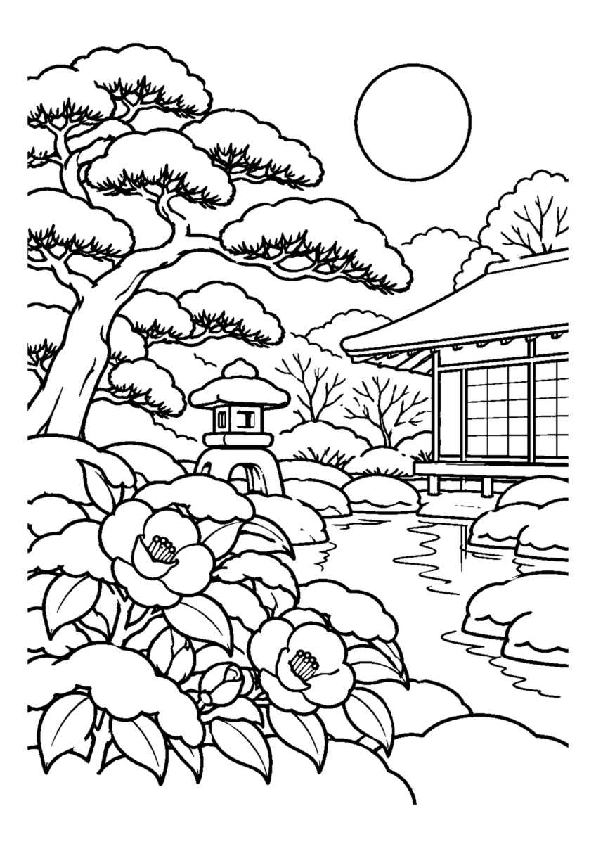 【１２月】月明かりの雪庭の塗り絵