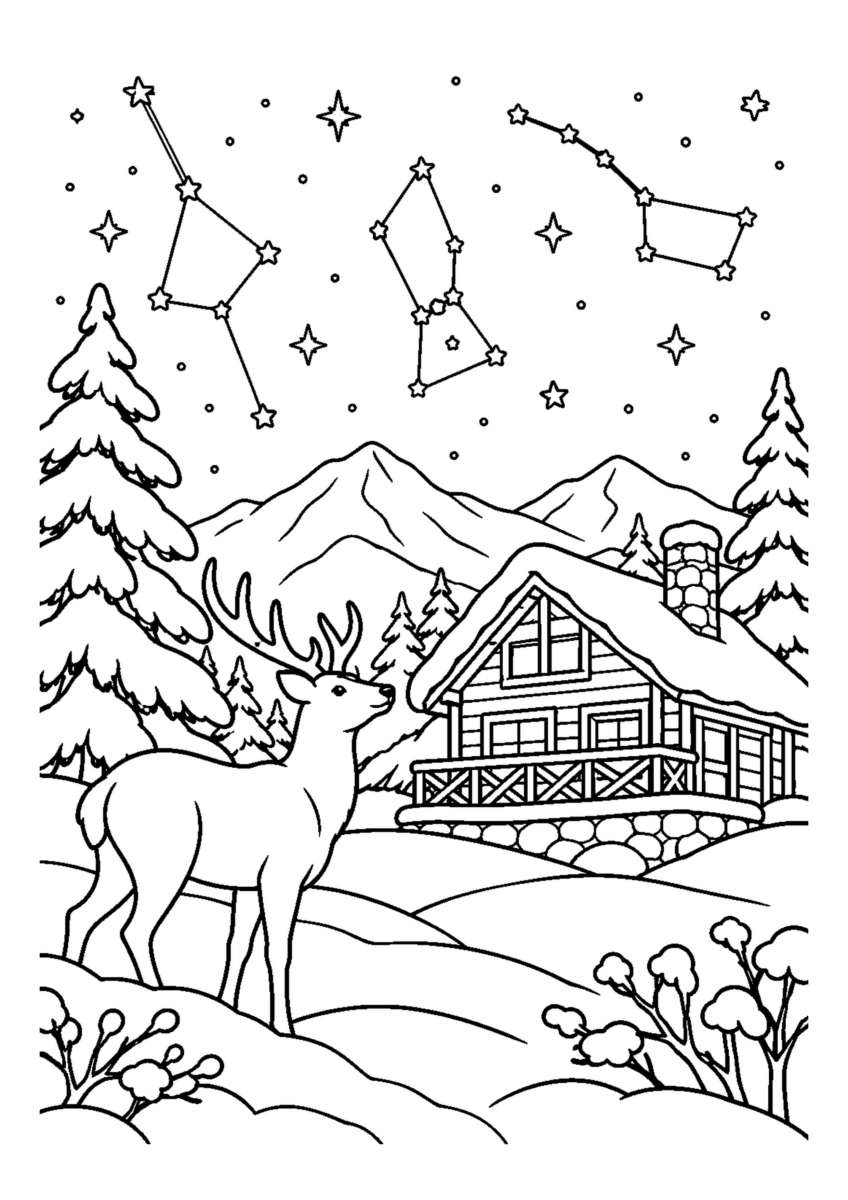 【１２月】冬の星座と山小屋の塗り絵