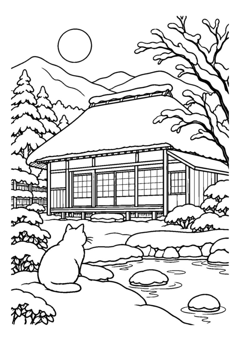 雪明かりの古民家。主役の植物、動物、建物または地形を大きく描き、初冬の空気を感じる静かな風景。白黒の高齢者向け塗り絵