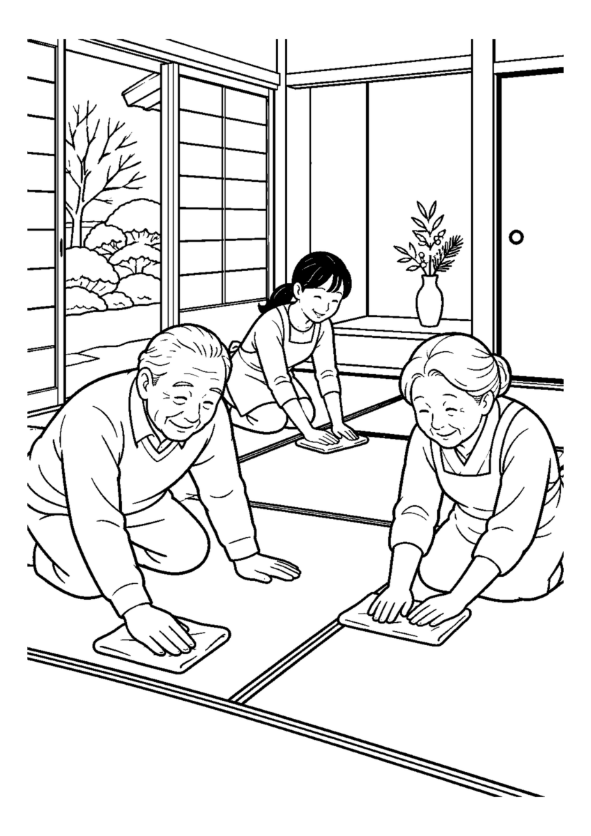家族で畳のから拭き。高齢者2人と成人家族1人または孫1人が安全に役割分担し、掃除する場所と道具が一目で分かる場面。白黒の高齢者向け塗り絵