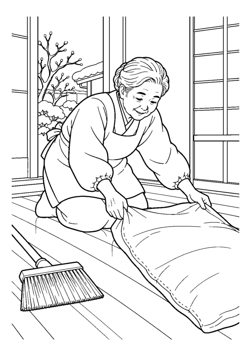 床板に米ぬか袋をかける高齢者1人。手元、掃除道具、対象物を大きく描き、年末の片付けと分かる室内または家まわりの場面。白黒の高齢者向け塗り絵