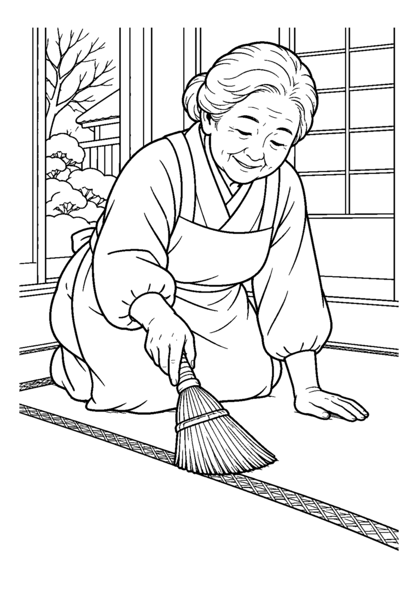 畳縁を小ぼうきで掃く高齢者1人。手元、掃除道具、対象物を大きく描き、年末の片付けと分かる室内または家まわりの場面。白黒の高齢者向け塗り絵