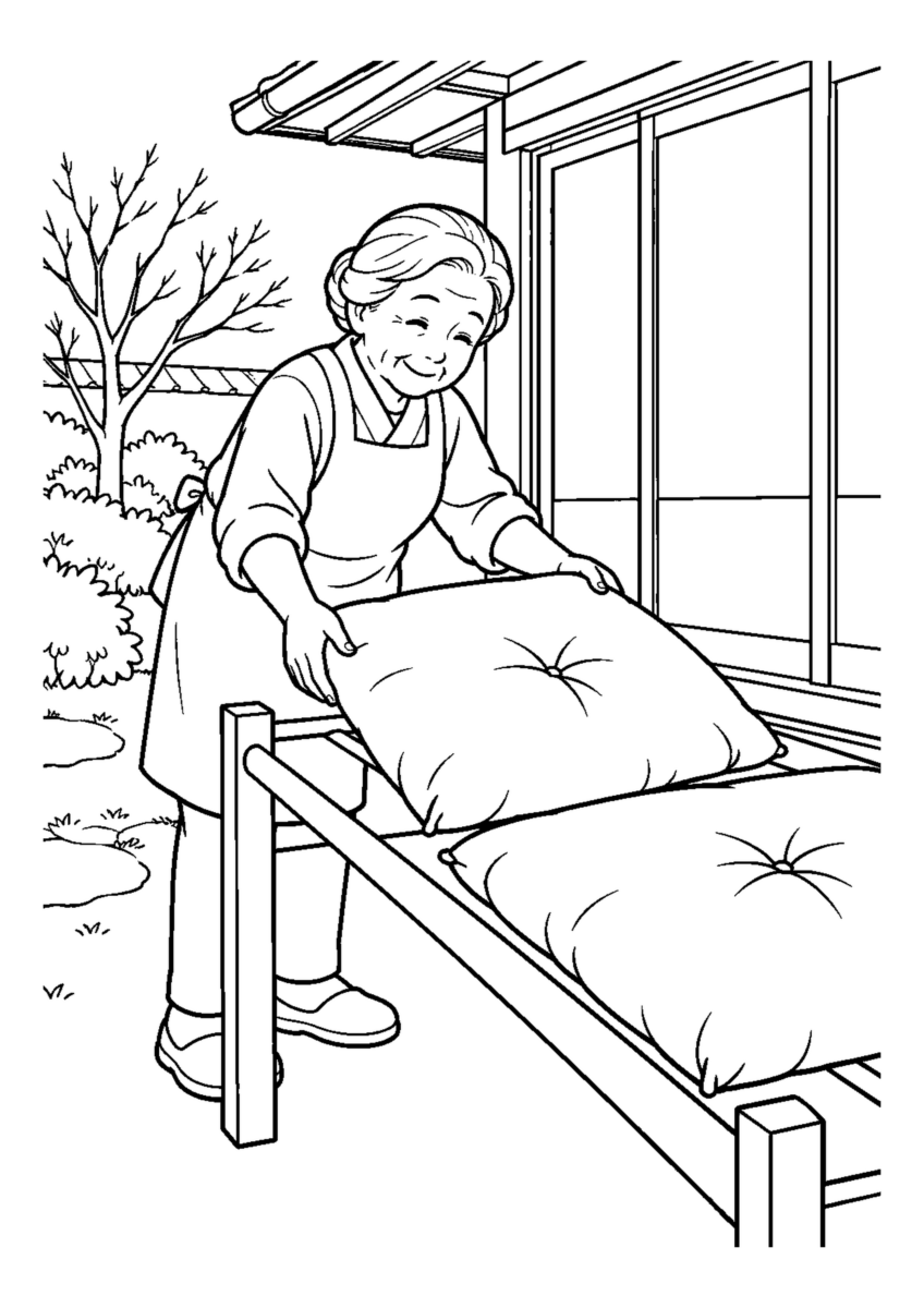 座布団を日に干す高齢者1人。手元、掃除道具、対象物を大きく描き、年末の片付けと分かる室内または家まわりの場面。白黒の高齢者向け塗り絵