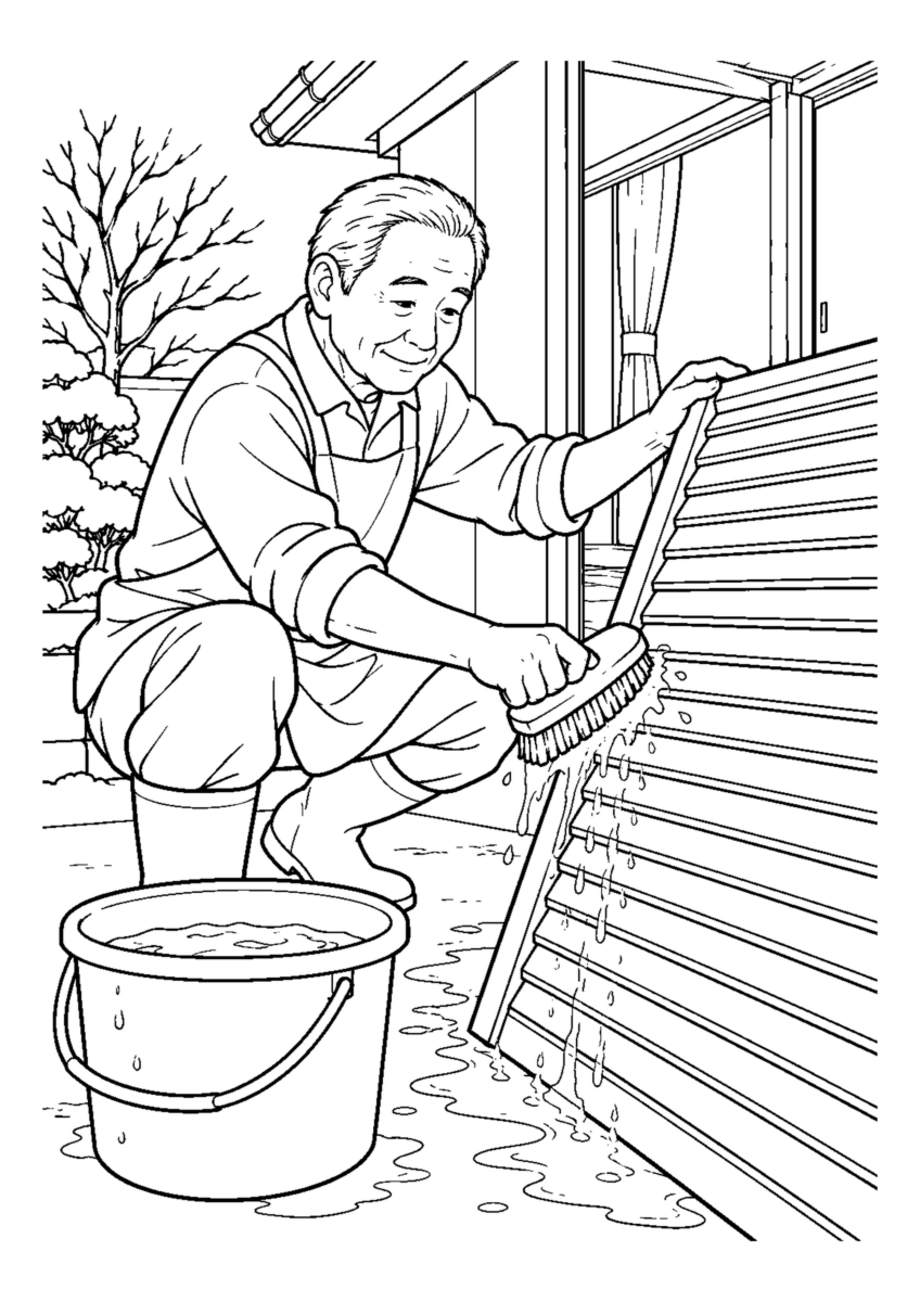 雨戸を外して洗う高齢者1人。手元、掃除道具、対象物を大きく描き、年末の片付けと分かる室内または家まわりの場面。白黒の高齢者向け塗り絵