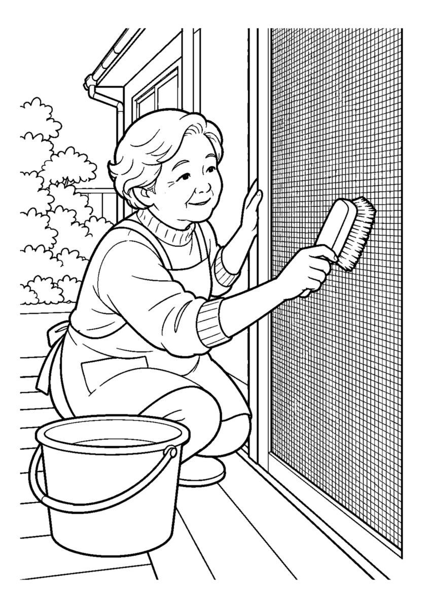 網戸の目をブラシ洗い高齢者1人。手元、掃除道具、対象物を大きく描き、年末の片付けと分かる室内または家まわりの場面。白黒の高齢者向け塗り絵