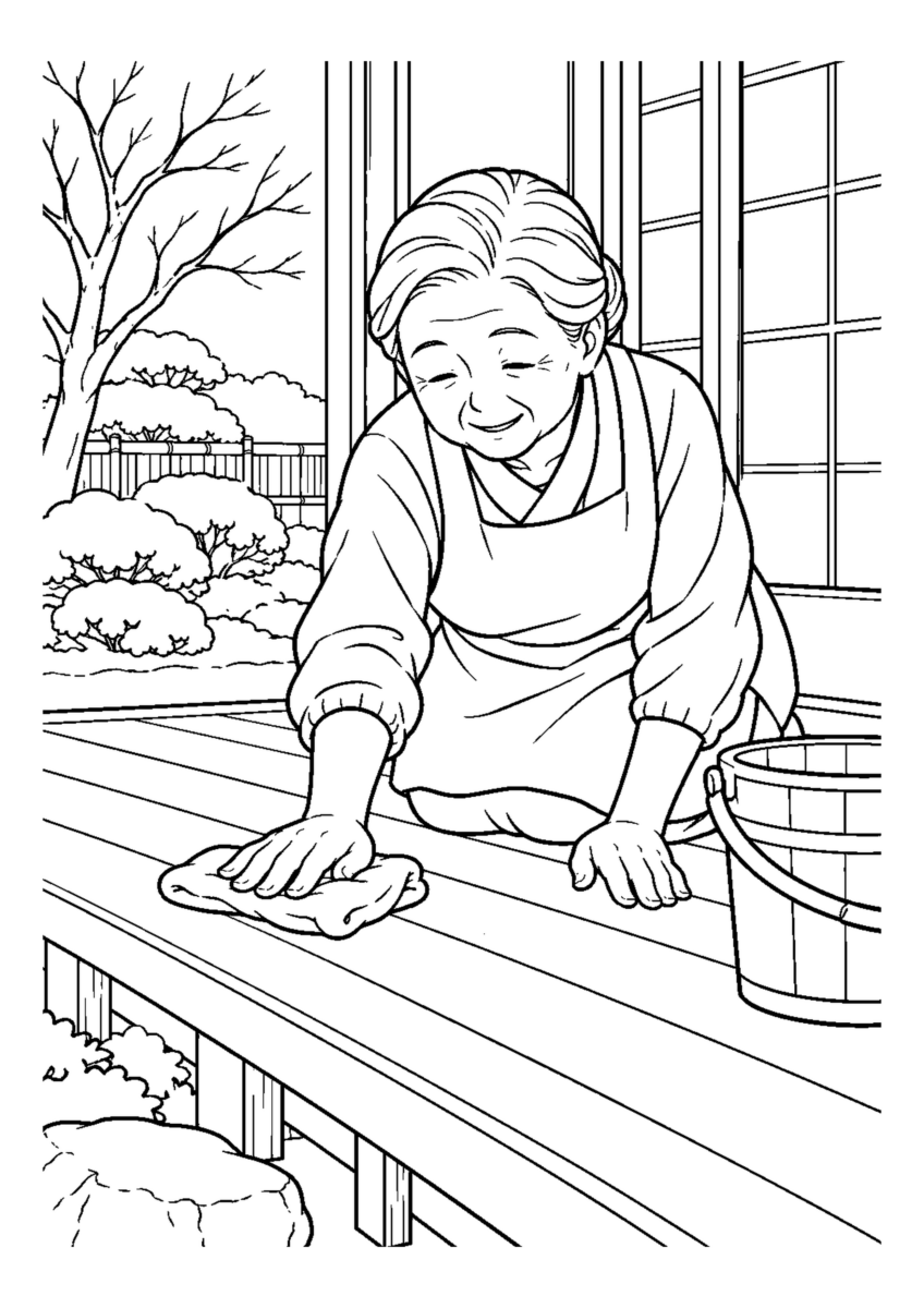 縁側を磨く高齢者1人。手元、掃除道具、対象物を大きく描き、年末の片付けと分かる室内または家まわりの場面。白黒の高齢者向け塗り絵