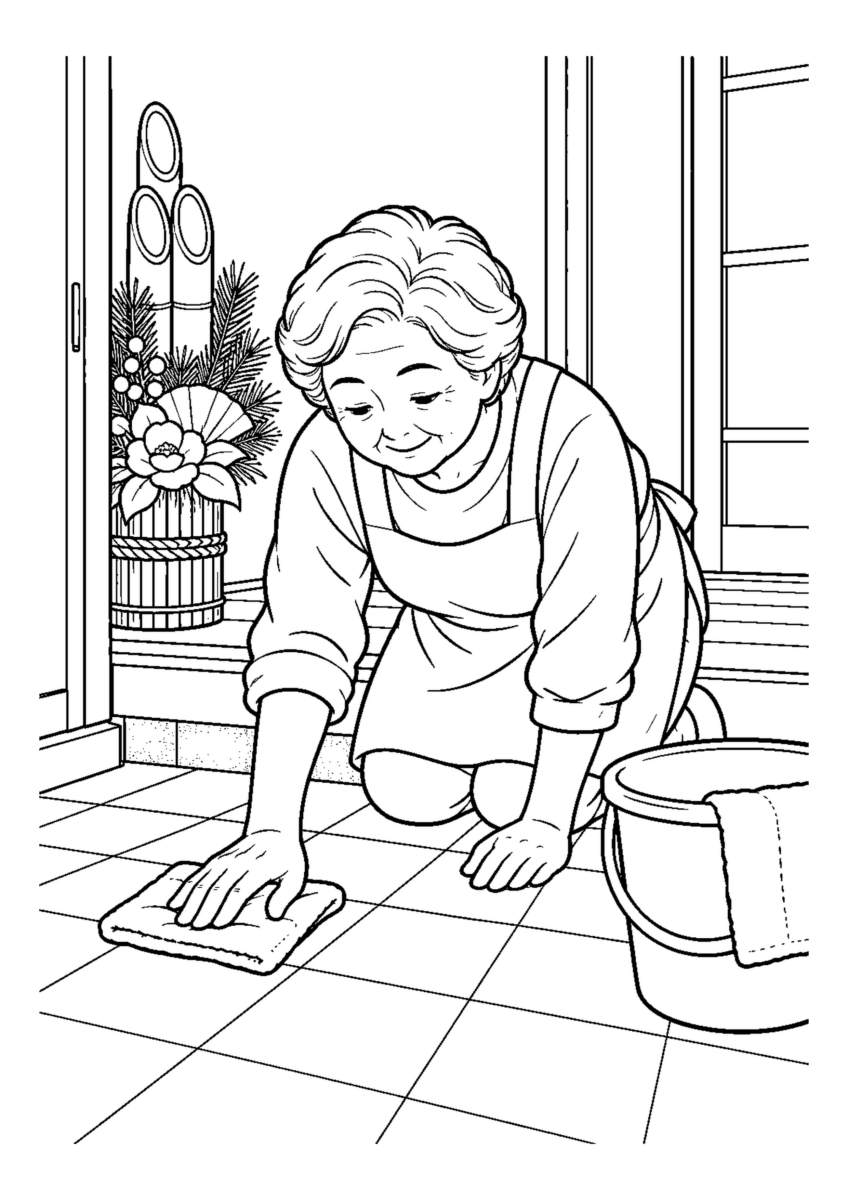 玄関たたきを水拭き高齢者1人。手元、掃除道具、対象物を大きく描き、年末の片付けと分かる室内または家まわりの場面。白黒の高齢者向け塗り絵