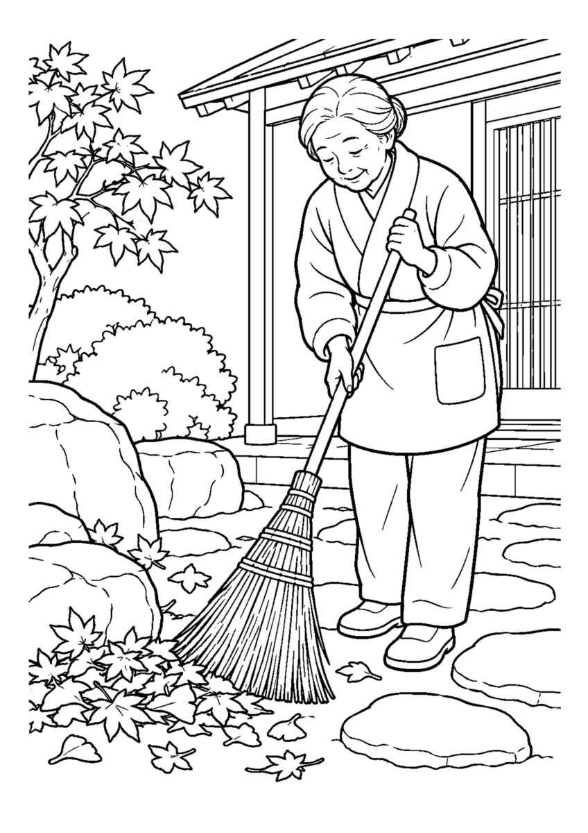 庭石の落ち葉掃き高齢者1人。手元、掃除道具、対象物を大きく描き、年末の片付けと分かる室内または家まわりの場面。白黒の高齢者向け塗り絵