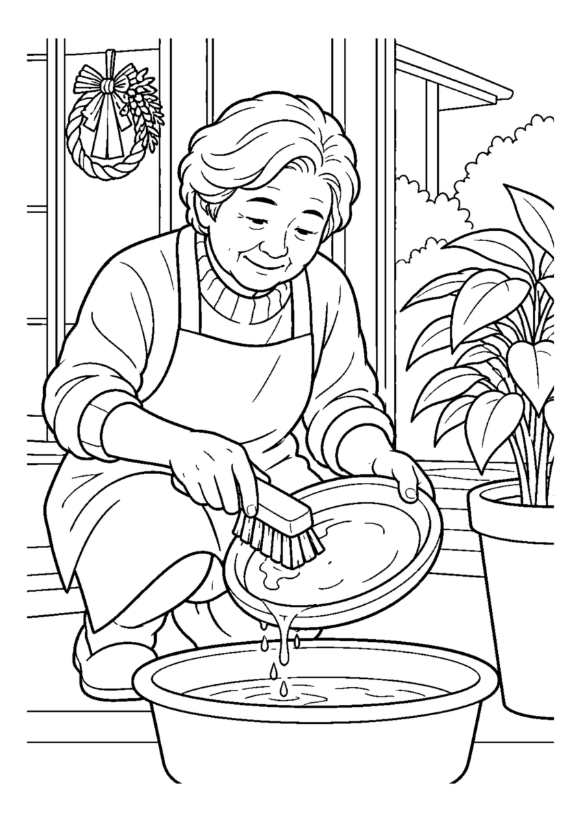 植木鉢の受け皿洗い高齢者1人。手元、掃除道具、対象物を大きく描き、年末の片付けと分かる室内または家まわりの場面。白黒の高齢者向け塗り絵
