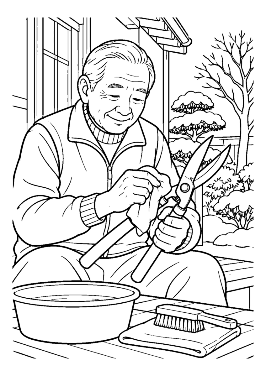 植木ばさみの手入れ高齢者1人。手元、掃除道具、対象物を大きく描き、年末の片付けと分かる室内または家まわりの場面。白黒の高齢者向け塗り絵