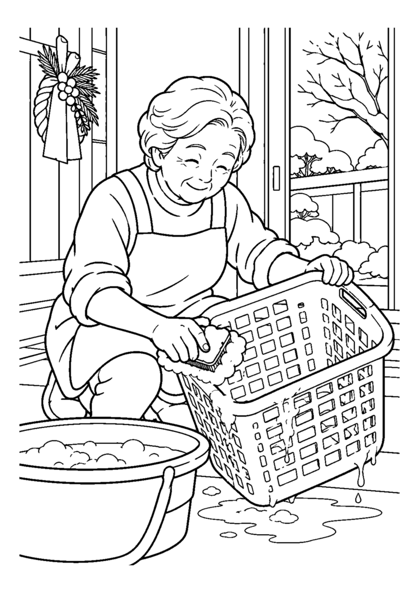 洗濯かごを洗う高齢者1人。手元、掃除道具、対象物を大きく描き、年末の片付けと分かる室内または家まわりの場面。白黒の高齢者向け塗り絵