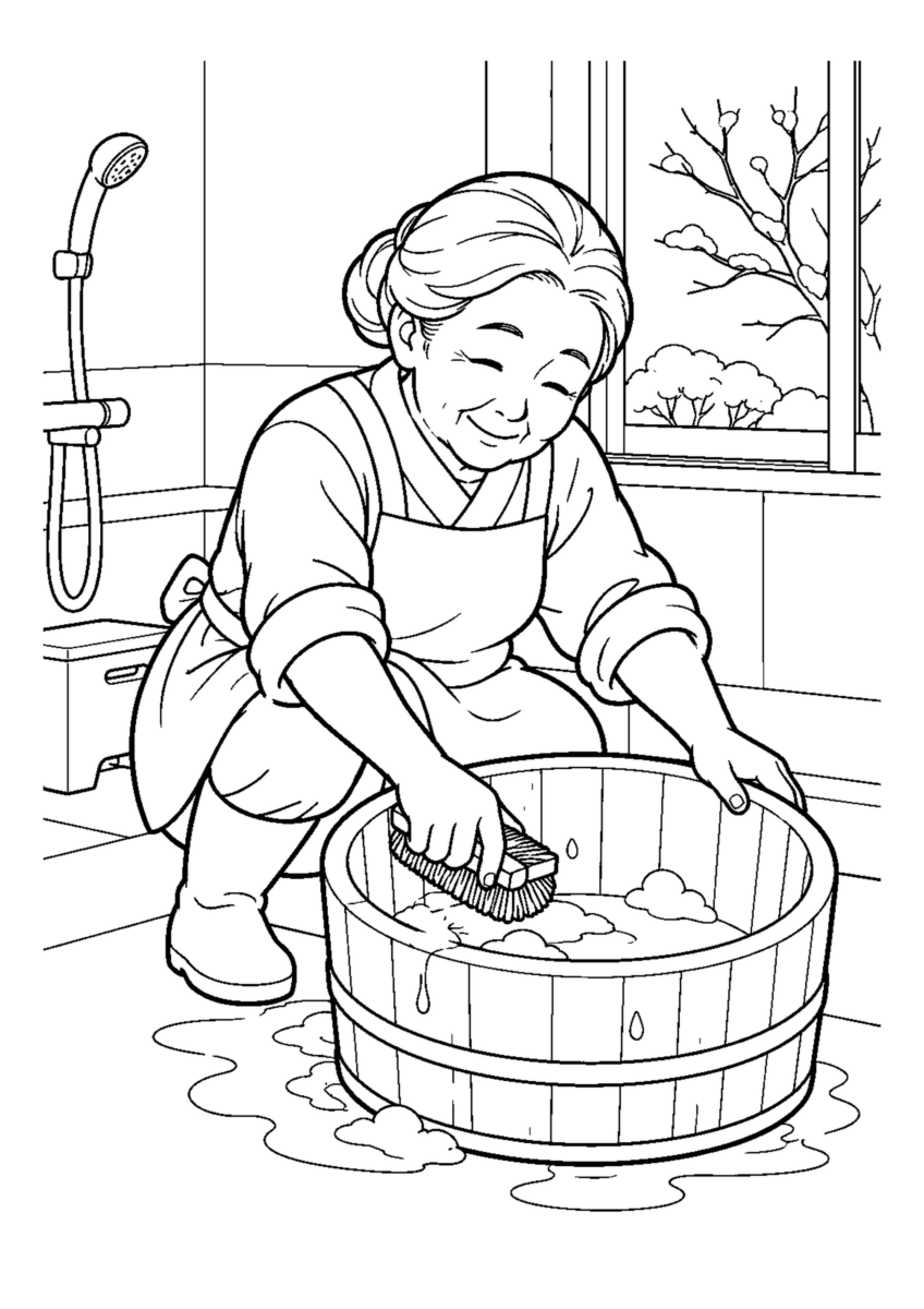 風呂桶をたわしで洗う高齢者1人。手元、掃除道具、対象物を大きく描き、年末の片付けと分かる室内または家まわりの場面。白黒の高齢者向け塗り絵
