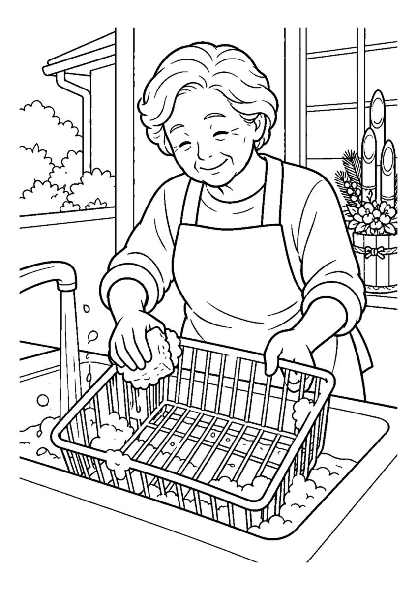 食器かごを洗う高齢者1人。手元、掃除道具、対象物を大きく描き、年末の片付けと分かる室内または家まわりの場面。白黒の高齢者向け塗り絵
