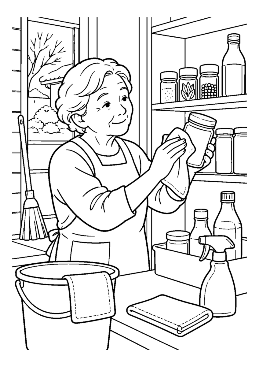 調味料棚を整理高齢者1人。手元、掃除道具、対象物を大きく描き、年末の片付けと分かる室内または家まわりの場面。白黒の高齢者向け塗り絵