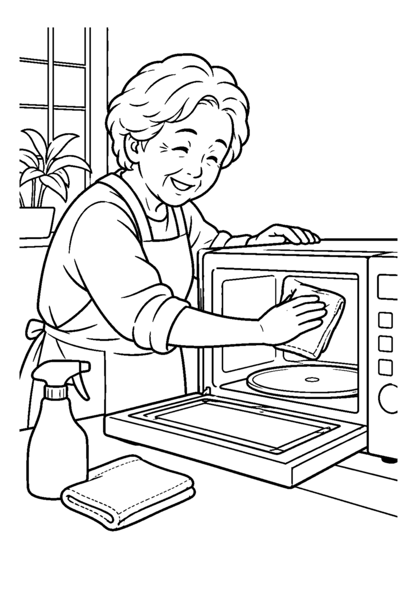 電子レンジの中を拭く高齢者1人。手元、掃除道具、対象物を大きく描き、年末の片付けと分かる室内または家まわりの場面。白黒の高齢者向け塗り絵