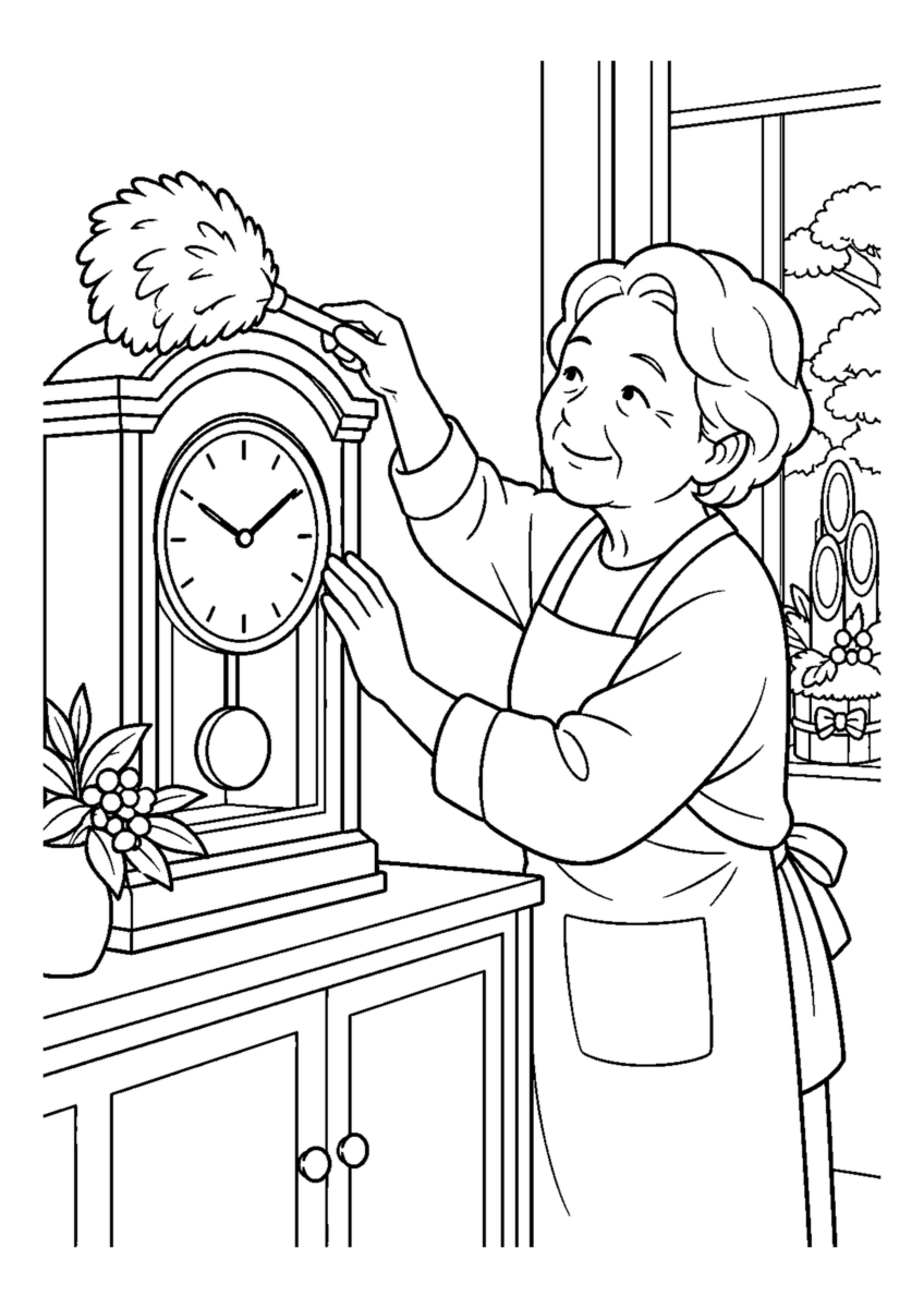 時計のほこりを払う高齢者1人。手元、掃除道具、対象物を大きく描き、年末の片付けと分かる室内または家まわりの場面。白黒の高齢者向け塗り絵