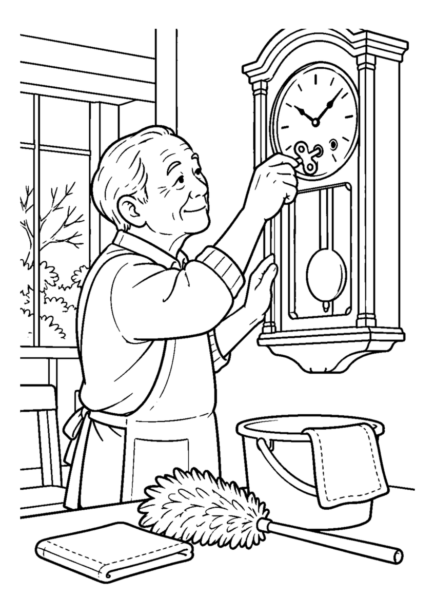 柱時計をねじ巻きする高齢者1人。手元、掃除道具、対象物を大きく描き、年末の片付けと分かる室内または家まわりの場面。白黒の高齢者向け塗り絵