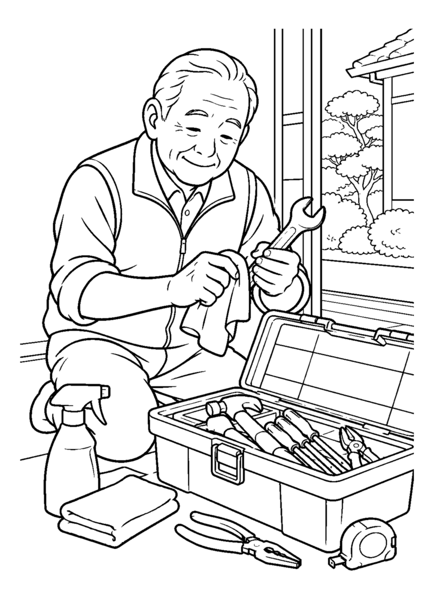 工具箱を整える高齢者1人。手元、掃除道具、対象物を大きく描き、年末の片付けと分かる室内または家まわりの場面。白黒の高齢者向け塗り絵