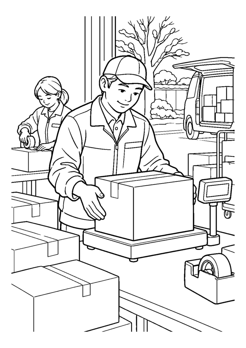 宅配店で荷物を計る人物2人まで。年末の仕事場と代表的な道具や商品を大きく描く場面。白黒の高齢者向け塗り絵