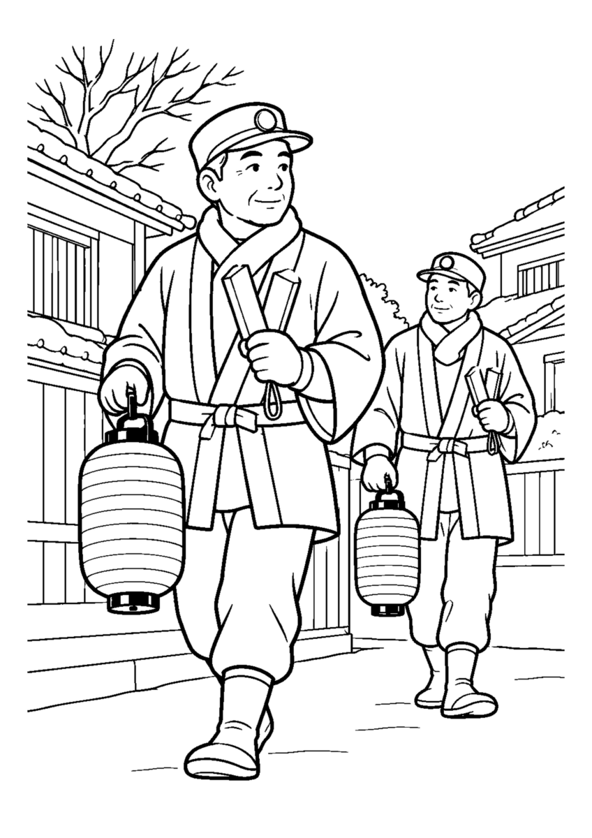 消防団の歳末夜警人物2人まで。年末の仕事場と代表的な道具や商品を大きく描く場面。白黒の高齢者向け塗り絵
