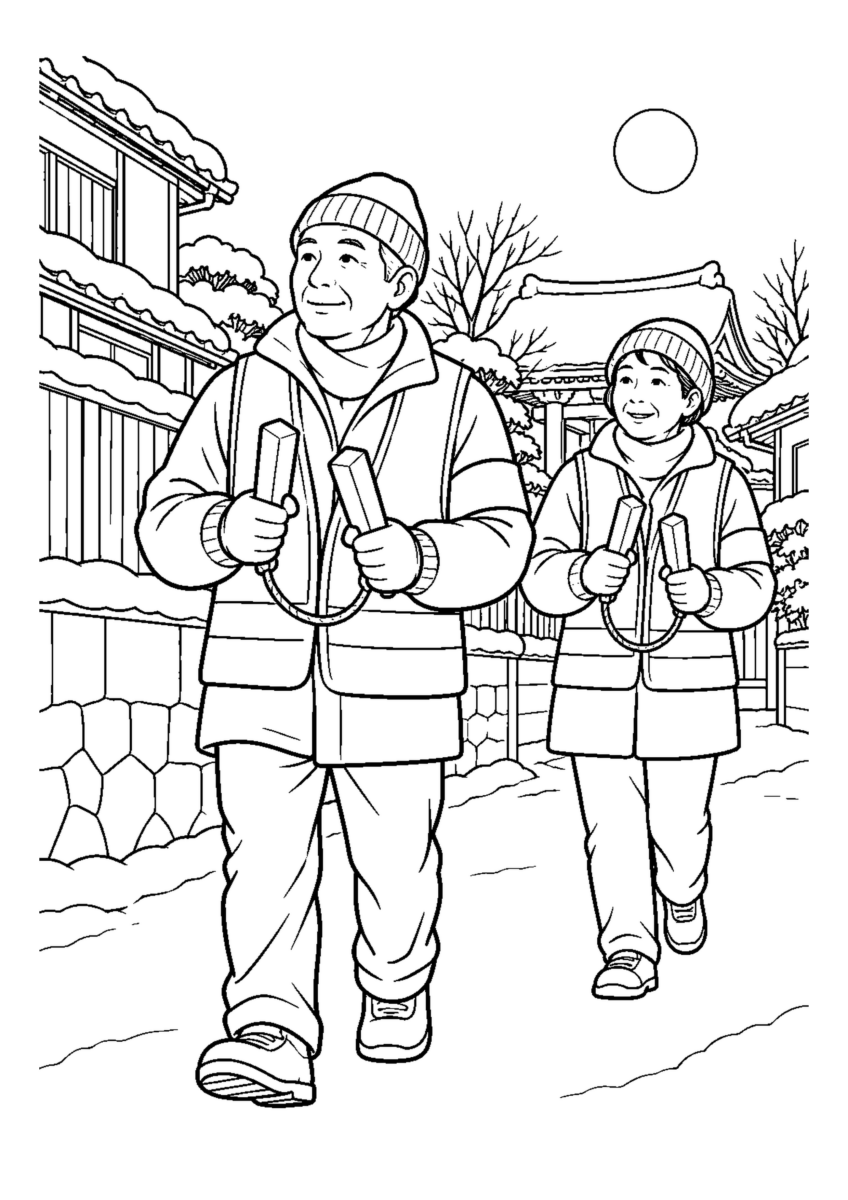 防犯パトロールの拍子木人物2人まで。年末の仕事場と代表的な道具や商品を大きく描く場面。白黒の高齢者向け塗り絵