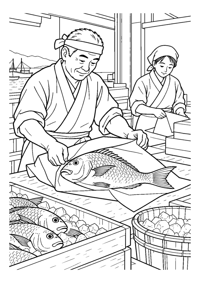 魚屋で正月用の鯛を包む人物2人まで。年末の仕事場と代表的な道具や商品を大きく描く場面。白黒の高齢者向け塗り絵