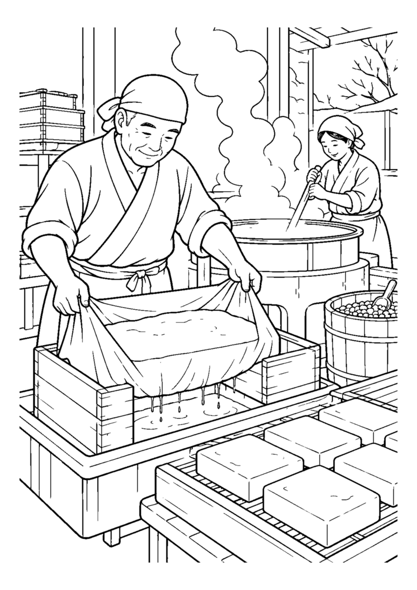 豆腐屋の年末仕込み人物2人まで。年末の仕事場と代表的な道具や商品を大きく描く場面。白黒の高齢者向け塗り絵