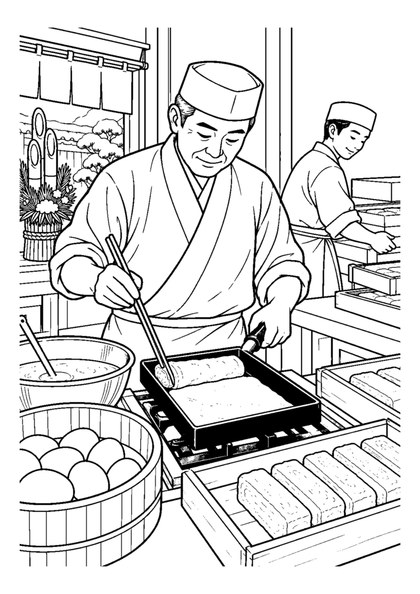 寿司屋の玉子焼き仕込み人物2人まで。年末の仕事場と代表的な道具や商品を大きく描く場面。白黒の高齢者向け塗り絵