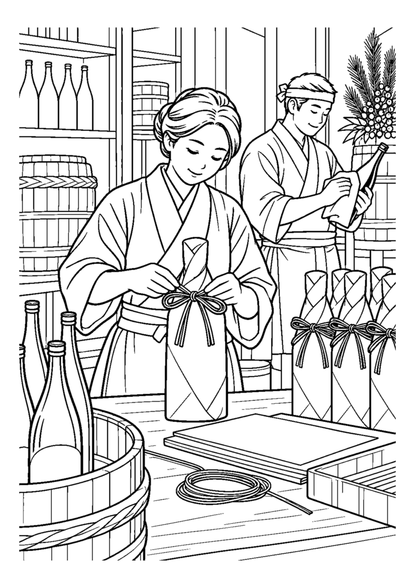 酒屋で祝い酒を包む人物2人まで。年末の仕事場と代表的な道具や商品を大きく描く場面。白黒の高齢者向け塗り絵