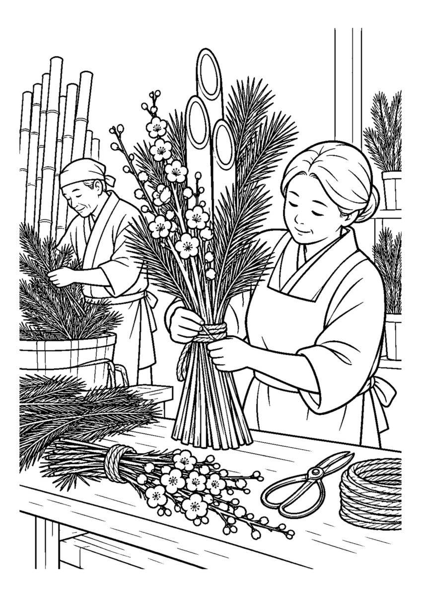花屋で松竹梅を束ねる人物2人まで。年末の仕事場と代表的な道具や商品を大きく描く場面。白黒の高齢者向け塗り絵