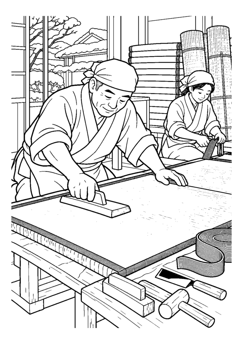 畳屋の年末表替え人物2人まで。年末の仕事場と代表的な道具や商品を大きく描く場面。白黒の高齢者向け塗り絵