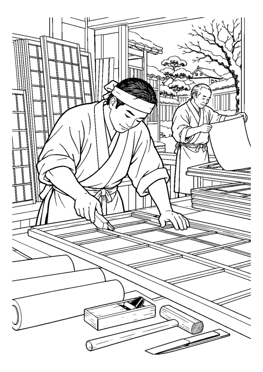 建具屋が障子枠を直す人物2人まで。年末の仕事場と代表的な道具や商品を大きく描く場面。白黒の高齢者向け塗り絵