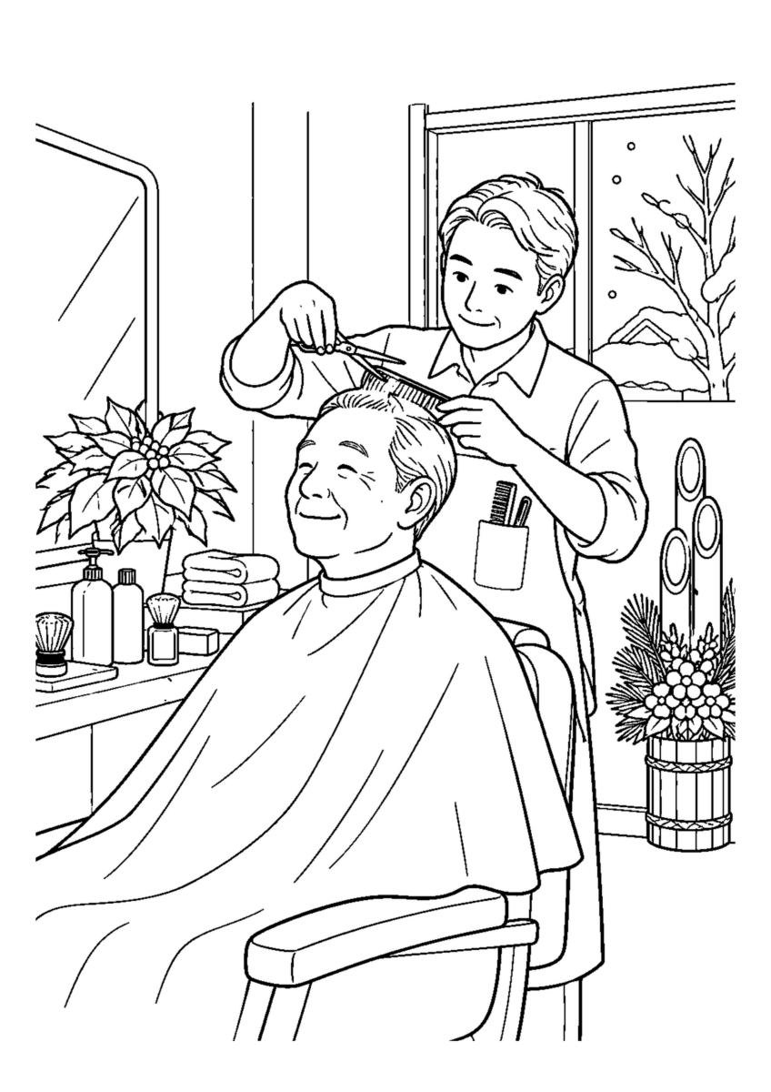 理髪店の年末営業人物2人まで。年末の仕事場と代表的な道具や商品を大きく描く場面。白黒の高齢者向け塗り絵