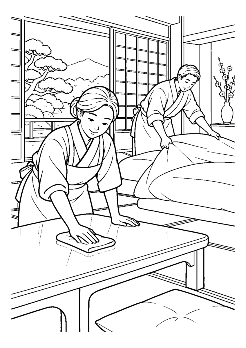旅館で年末の客室清掃人物2人まで。年末の仕事場と代表的な道具や商品を大きく描く場面。白黒の高齢者向け塗り絵