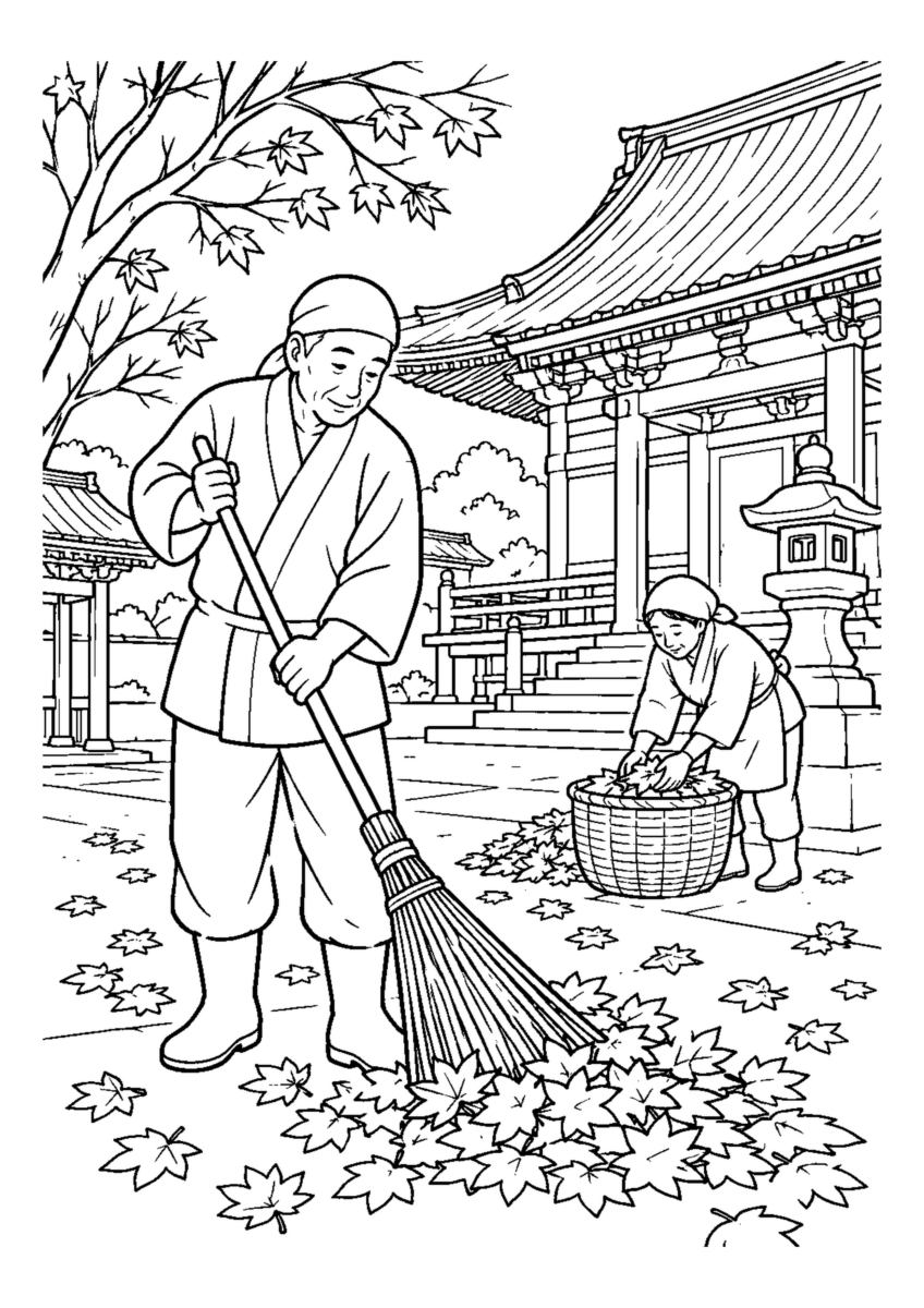 寺の境内落ち葉掃き人物2人まで。年末の仕事場と代表的な道具や商品を大きく描く場面。白黒の高齢者向け塗り絵