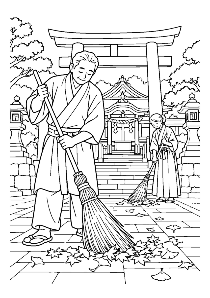 神社の参道掃き納め人物2人まで。年末の仕事場と代表的な道具や商品を大きく描く場面。白黒の高齢者向け塗り絵