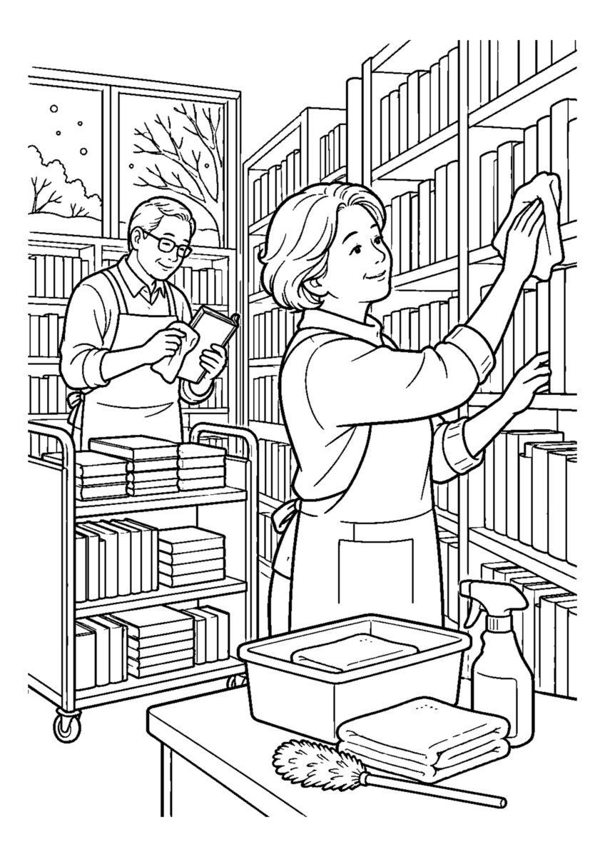 図書館の書棚清掃人物2人まで。年末の仕事場と代表的な道具や商品を大きく描く場面。白黒の高齢者向け塗り絵