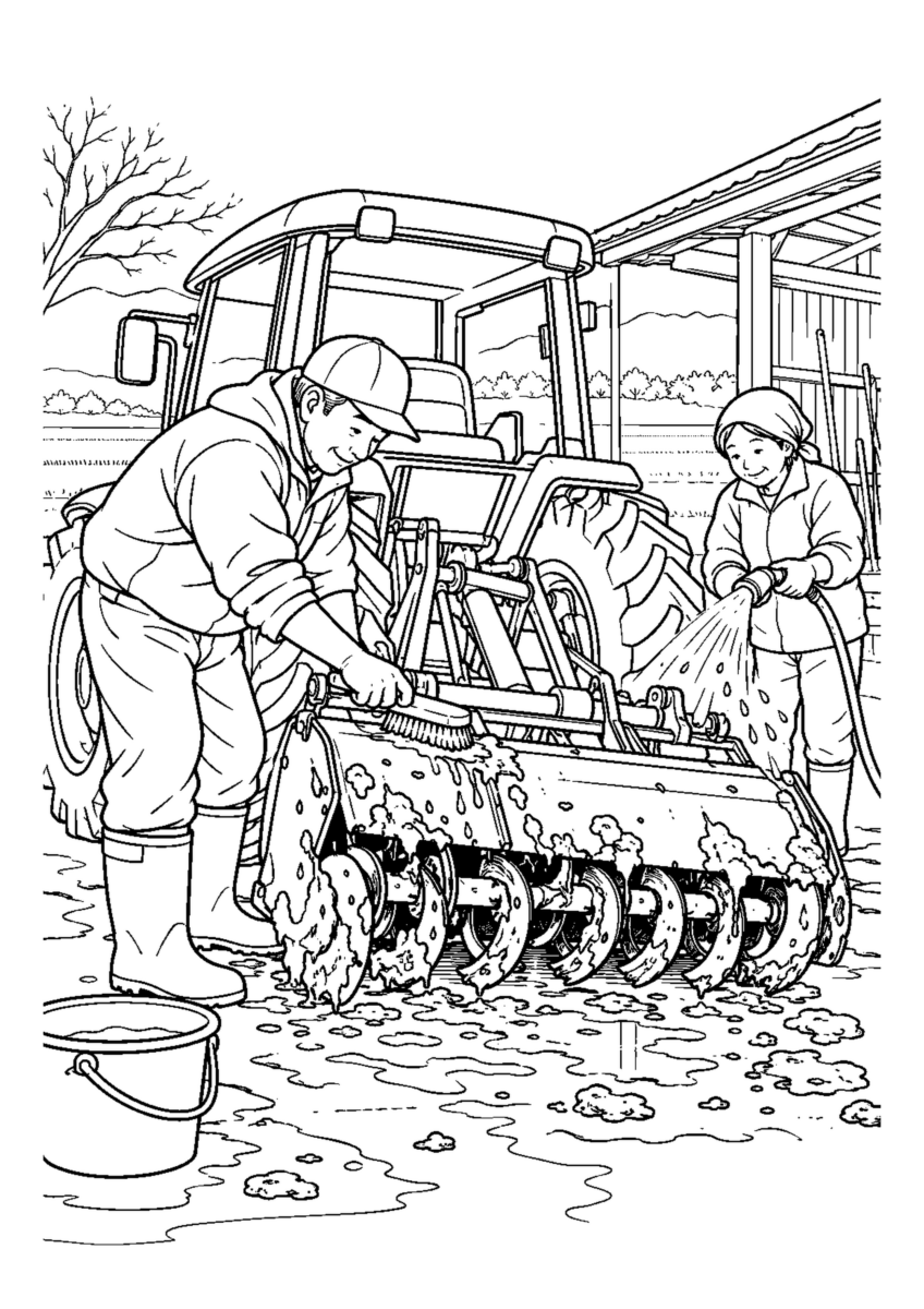 農機具の泥落とし人物2人まで。年末の仕事場と代表的な道具や商品を大きく描く場面。白黒の高齢者向け塗り絵