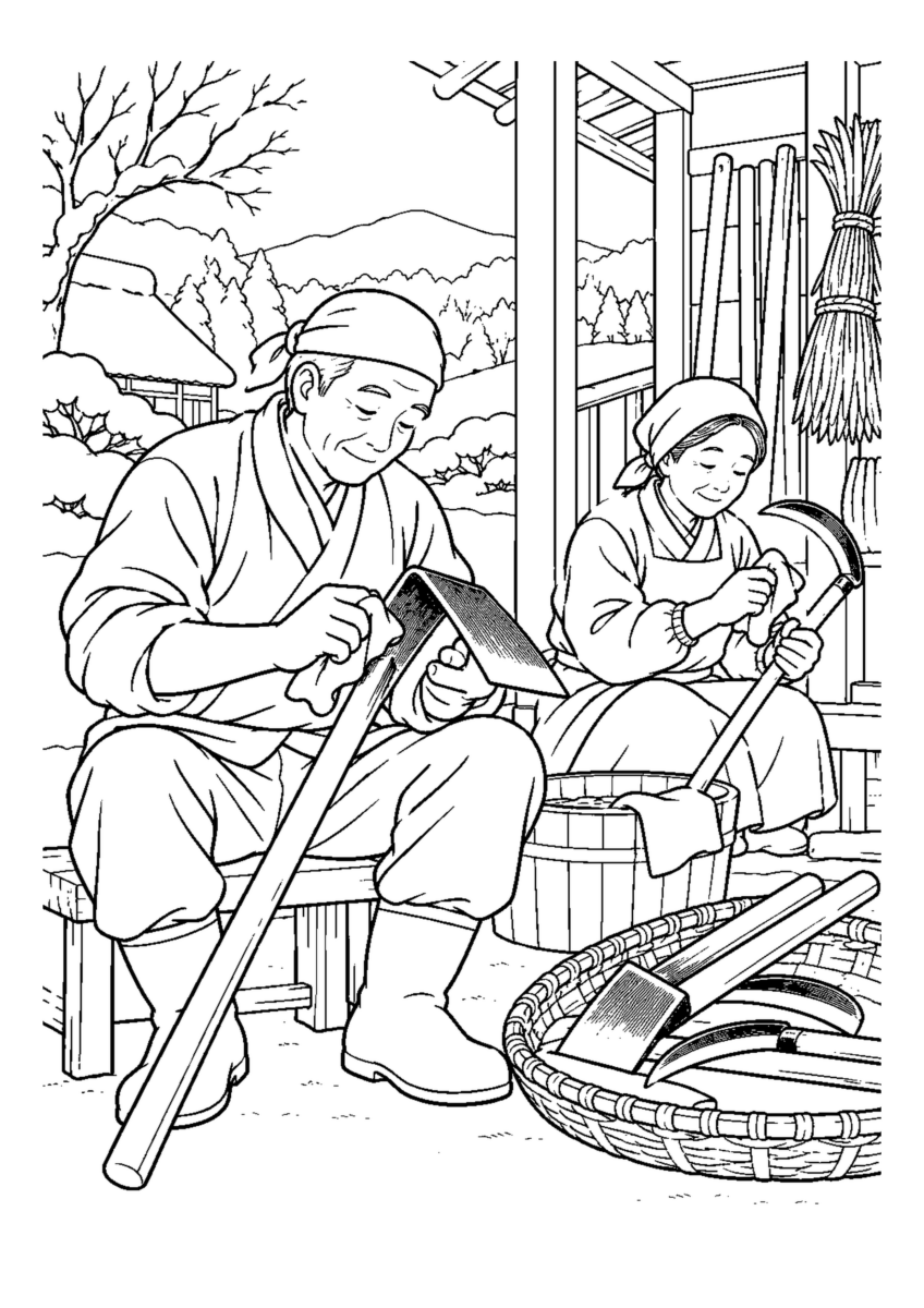 鍬と鎌の手入れ納め人物2人まで。年末の仕事場と代表的な道具や商品を大きく描く場面。白黒の高齢者向け塗り絵