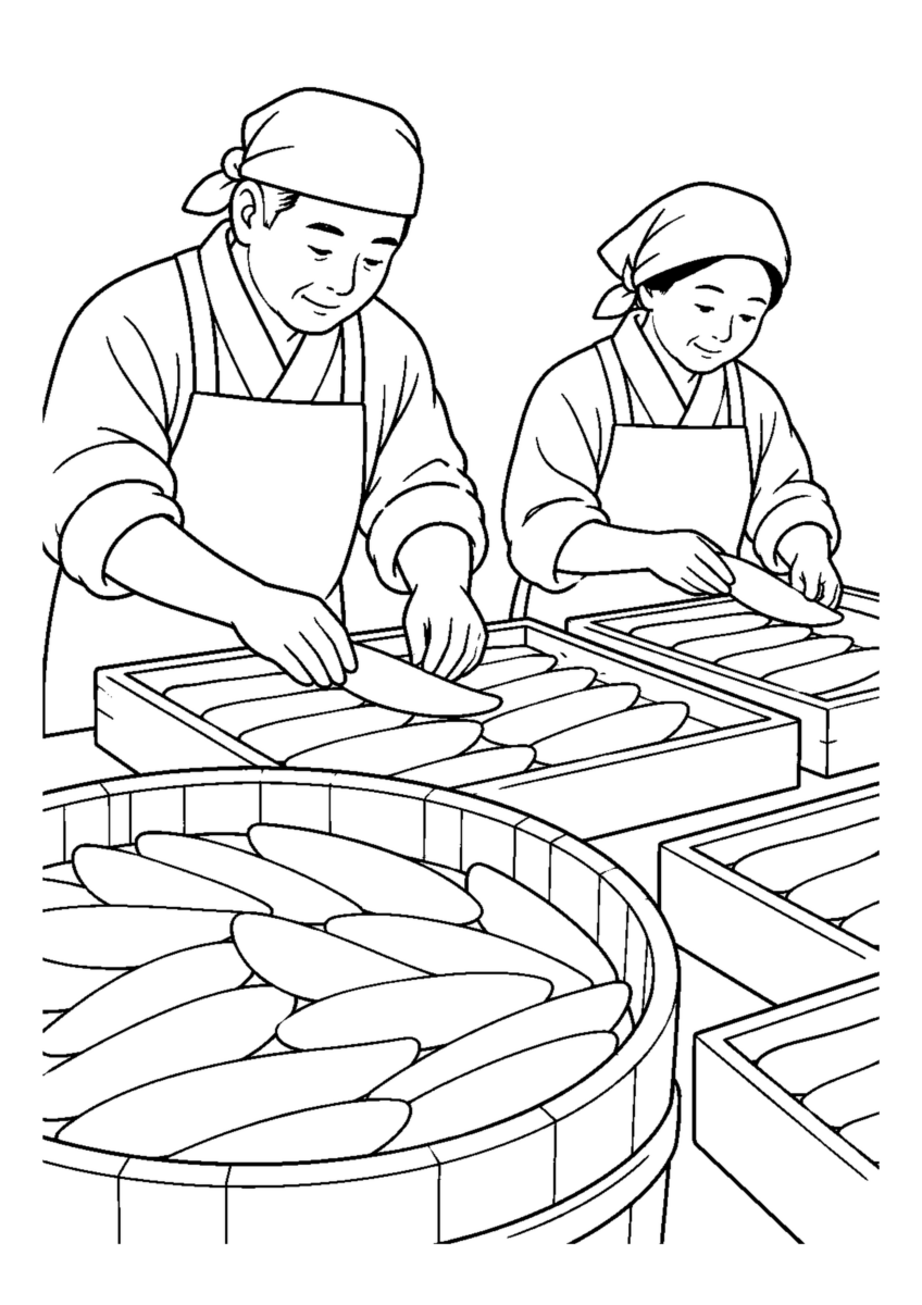 市場で数の子を並べる人物2人まで。年末の仕事場と代表的な道具や商品を大きく描く場面。白黒の高齢者向け塗り絵