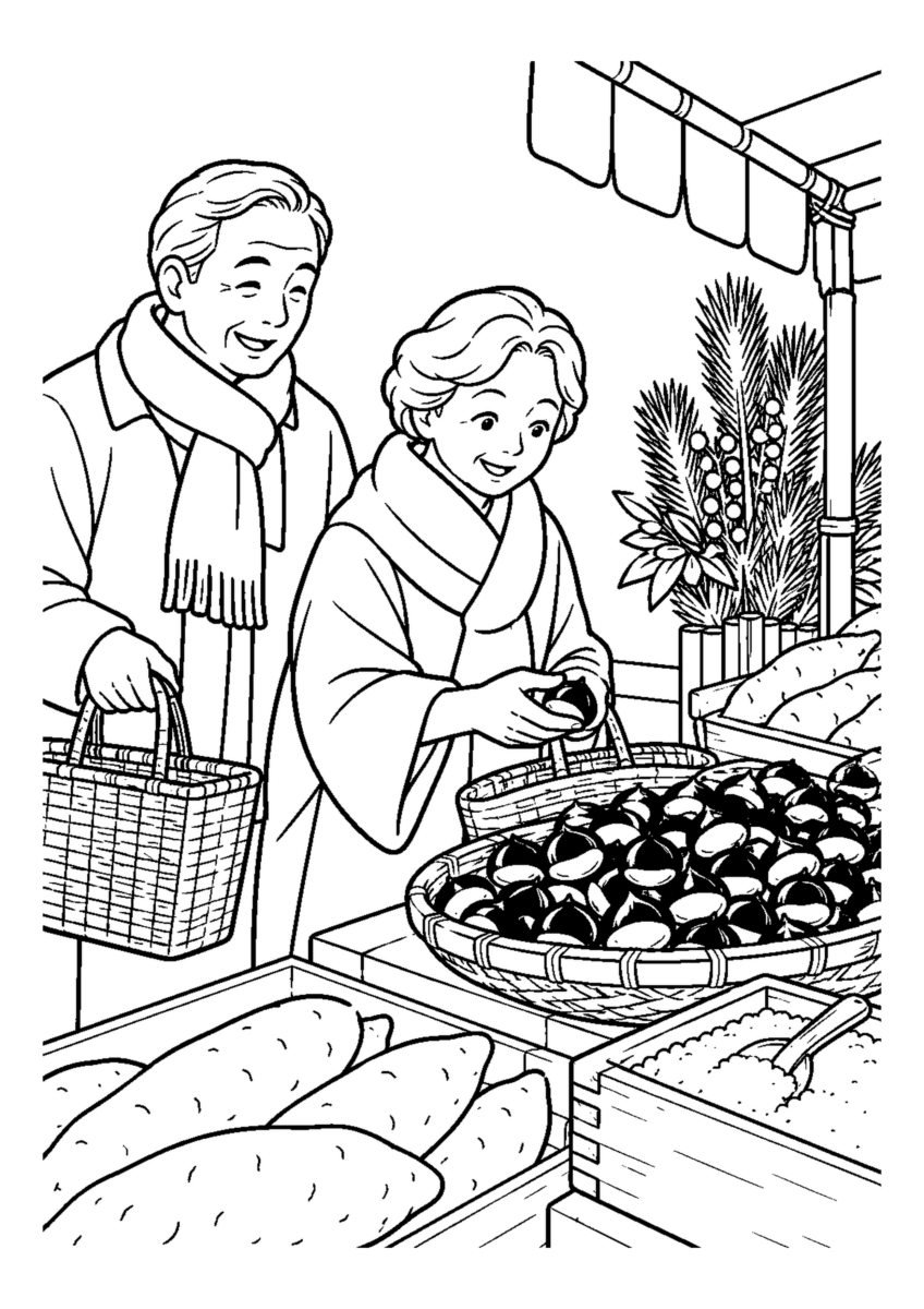 市場で栗きんとん材料をそろえる人物2人まで。年末の仕事場と代表的な道具や商品を大きく描く場面。白黒の高齢者向け塗り絵
