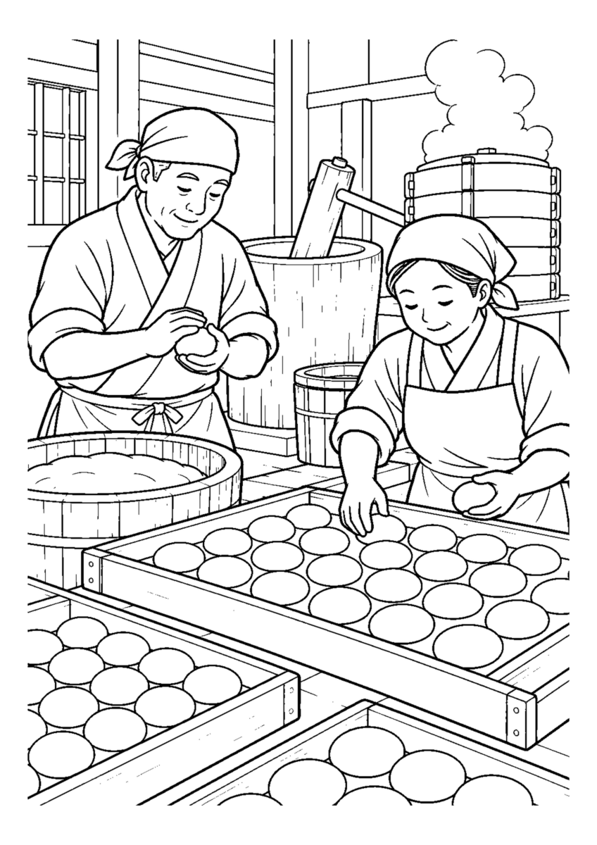 餅工場で丸餅を並べる人物2人まで。年末の仕事場と代表的な道具や商品を大きく描く場面。白黒の高齢者向け塗り絵
