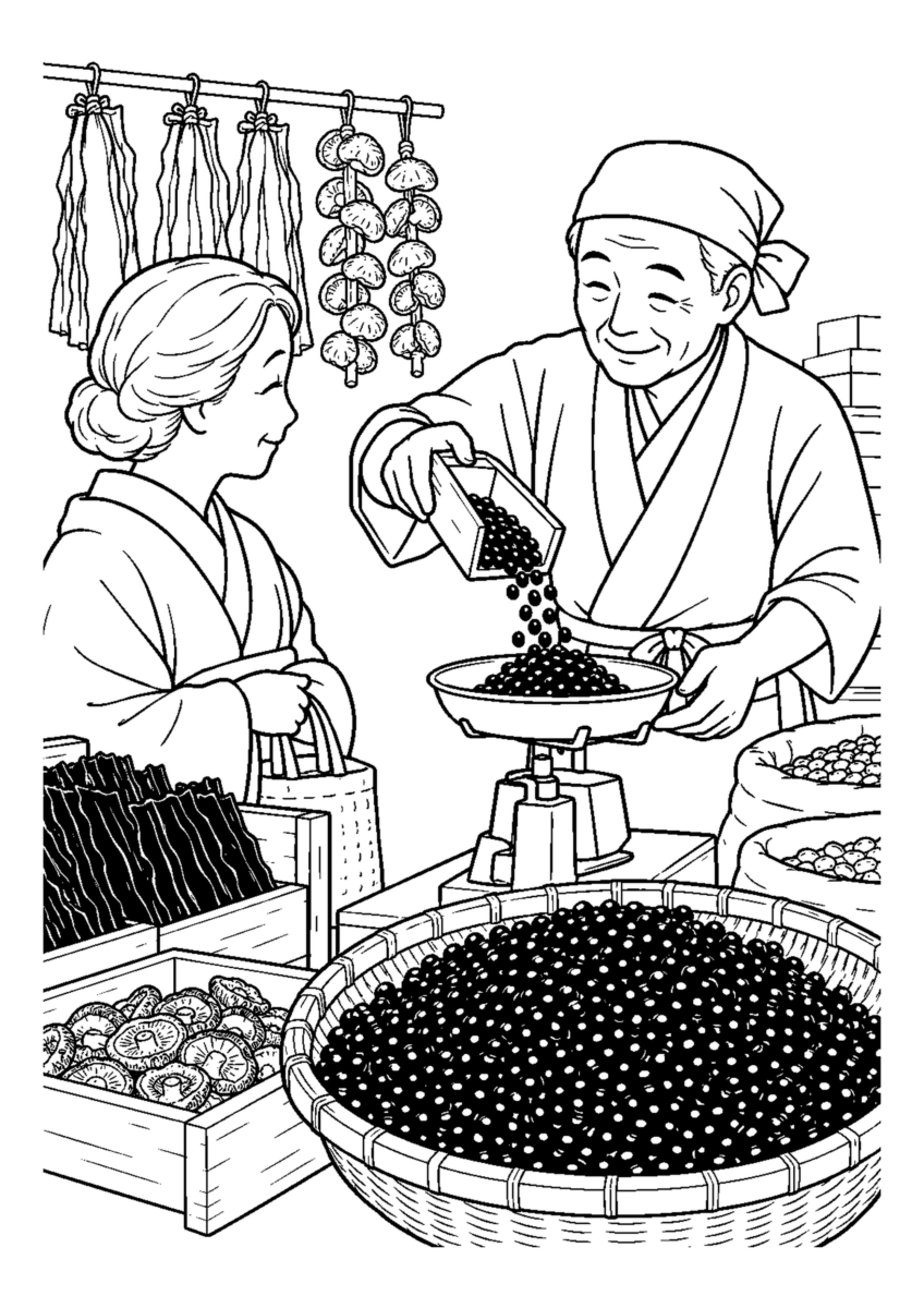 黒豆を量る乾物店人物2人まで。年末の仕事場と代表的な道具や商品を大きく描く場面。白黒の高齢者向け塗り絵