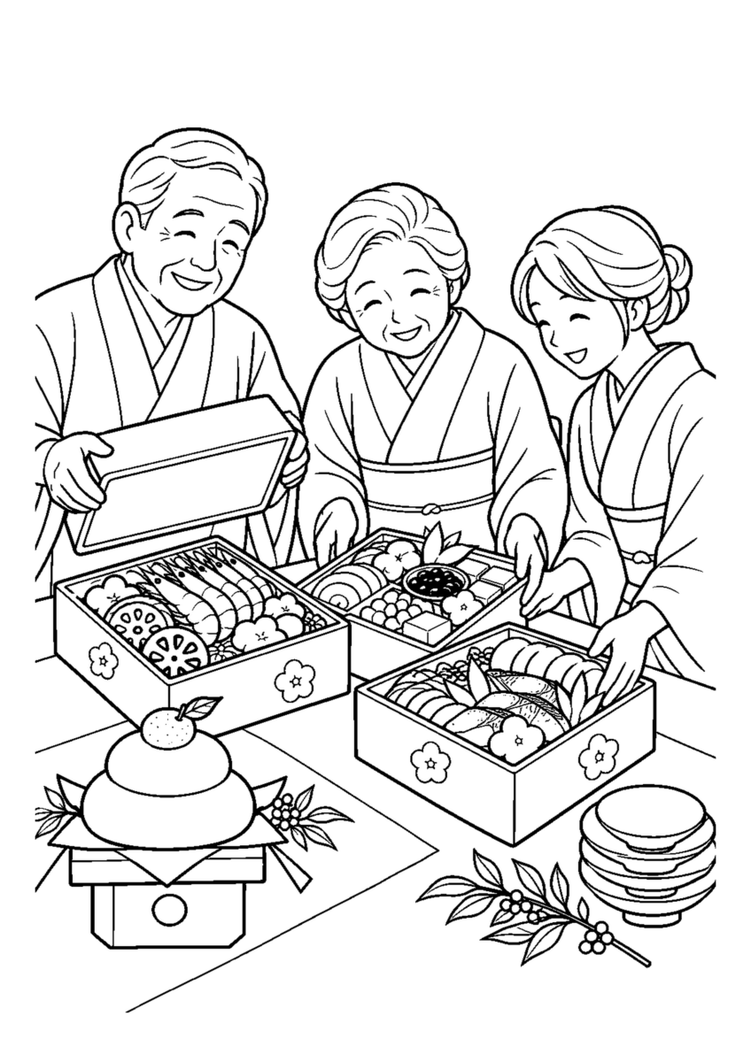 家族でおせちの重箱を出す。高齢者を含む家族2人から3人が協力し、迎春の道具や料理を大きく扱う場面。白黒の高齢者向け塗り絵