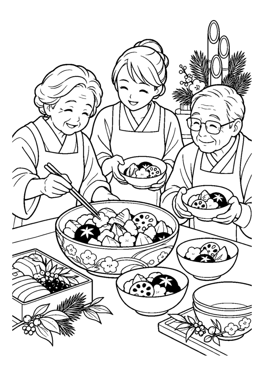 家族で煮しめを盛る。高齢者を含む家族2人から3人が協力し、迎春の道具や料理を大きく扱う場面。白黒の高齢者向け塗り絵